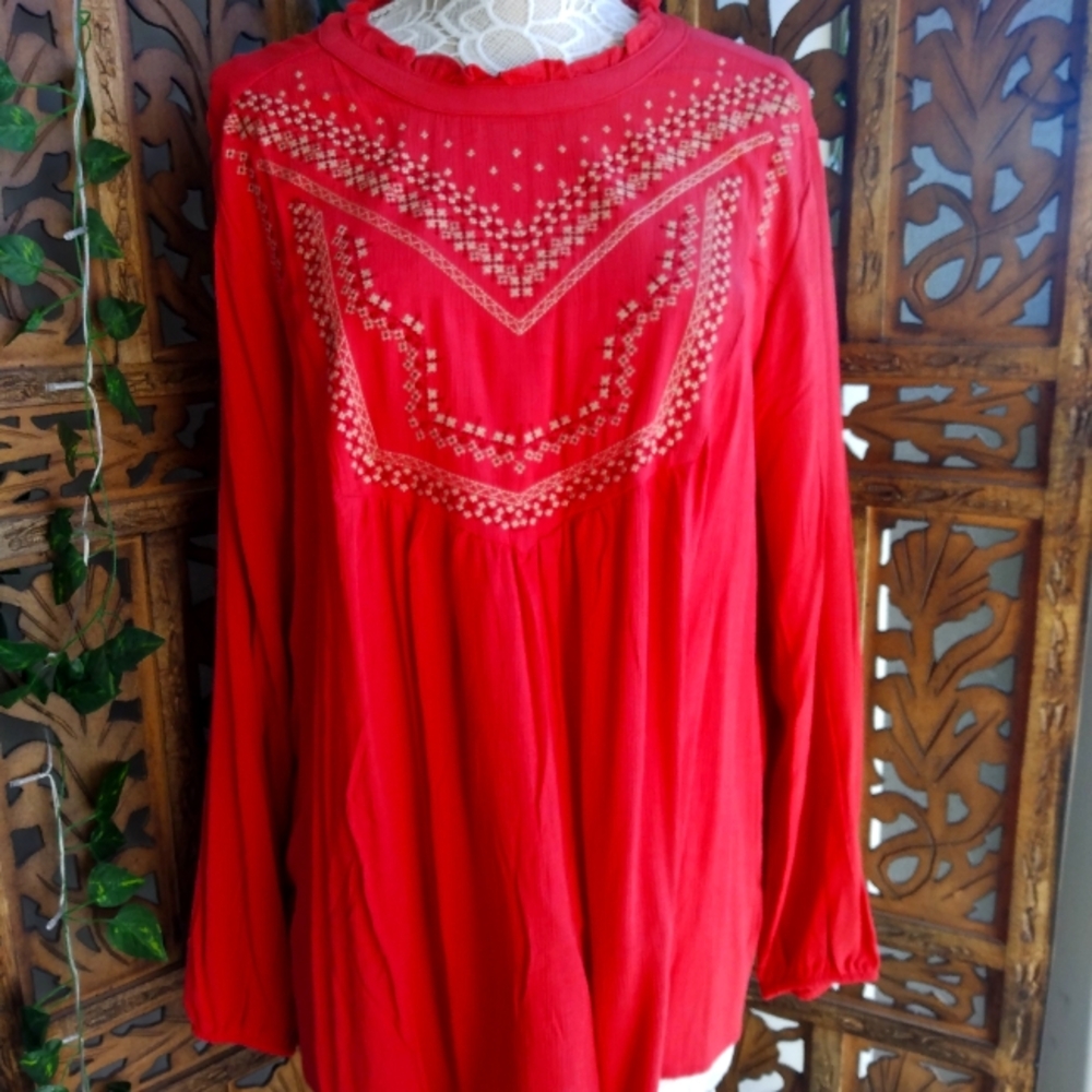 Torrid, Women's Plus Size 1. Orange Boho style Top, Embroidery, Long Sleeve.